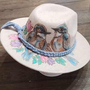 Hand Burned And Colored Bird Design Hat with Blue Accent Band